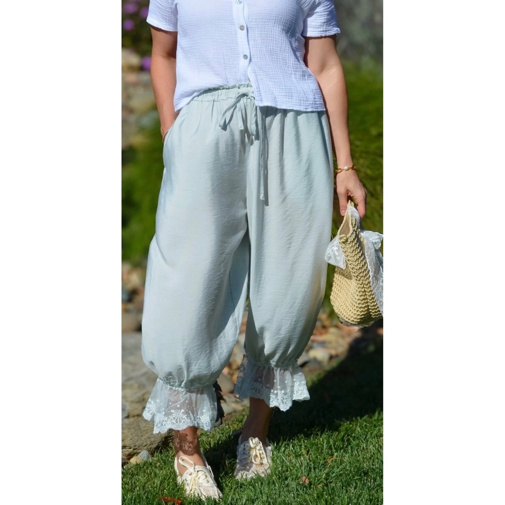 Lace Trim Cropped Bloomers Wide Leg Ruffle Mint Green Pants XL Cotagecore Boho
